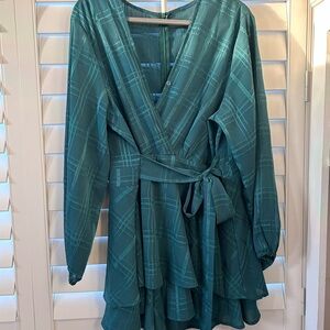 Green plaid romper with tie waist